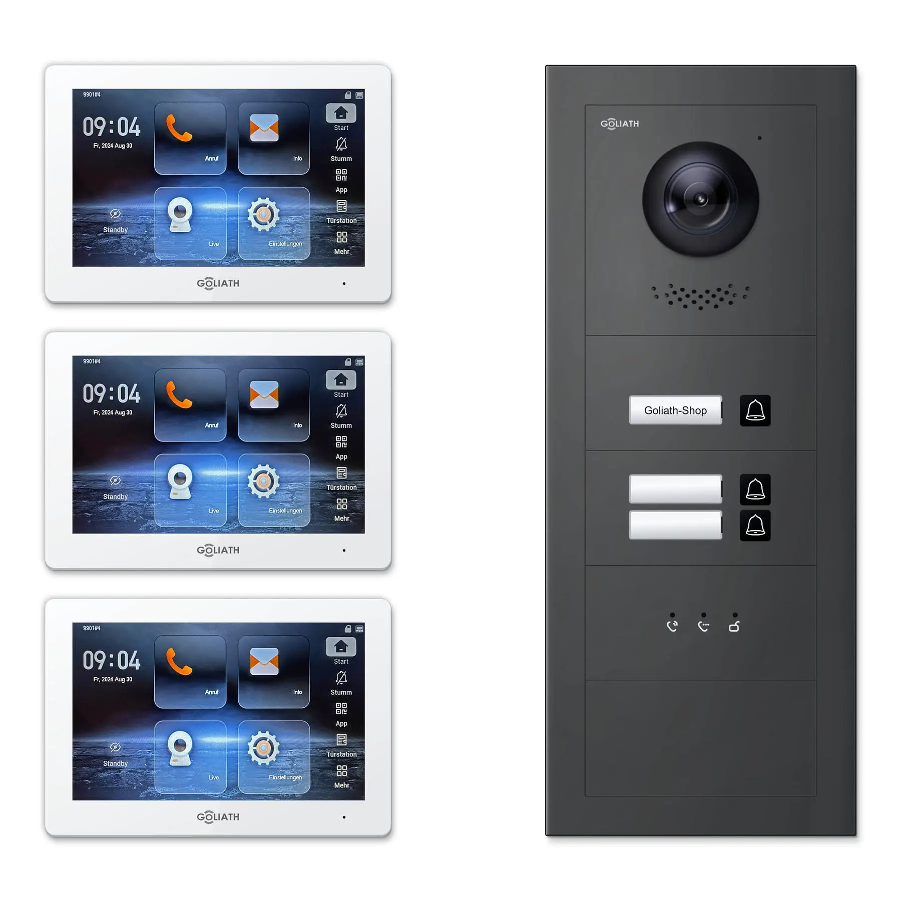Goliath Video Türsprechanlage GL-IPH345A für 3-Familienhaus: 3 Monitore mit 7 Zoll in Weiß, Außenstation in Anthrazit mit 3 Klingeltasten sowie Statusanzeige. Set für Unterputzmontage.