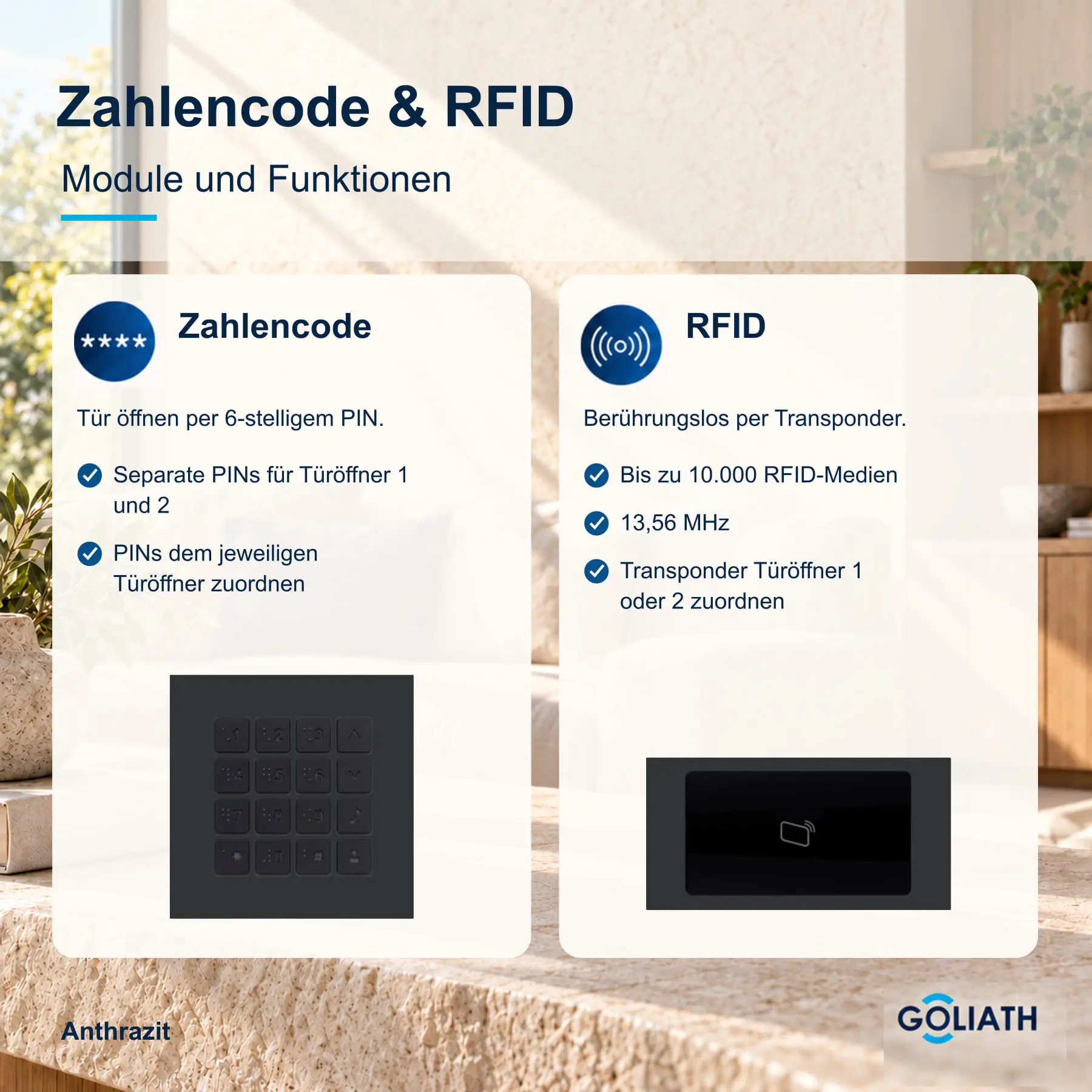 Zahlencode-Tastatur und RFID-Leser für die Goliath Türsprechanlage in Anthrazit: Türöffnung per PIN und berührungslose Türöffnung per Transponder.