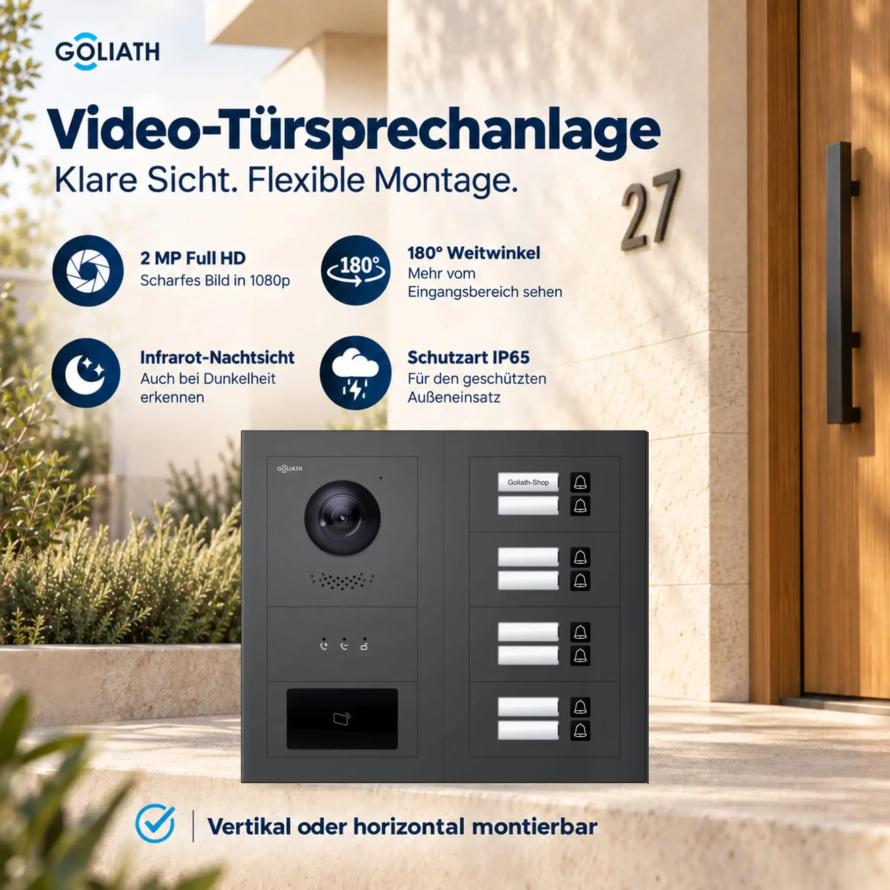 Goliath Premium-Line-Außenstation in Anthrazit mit Kamera, 8 Klingeltasten, RFID-Leser und Feedback-Anzeige. Zwei aufrechte Modulspalten nebeneinander auf Naturstein.