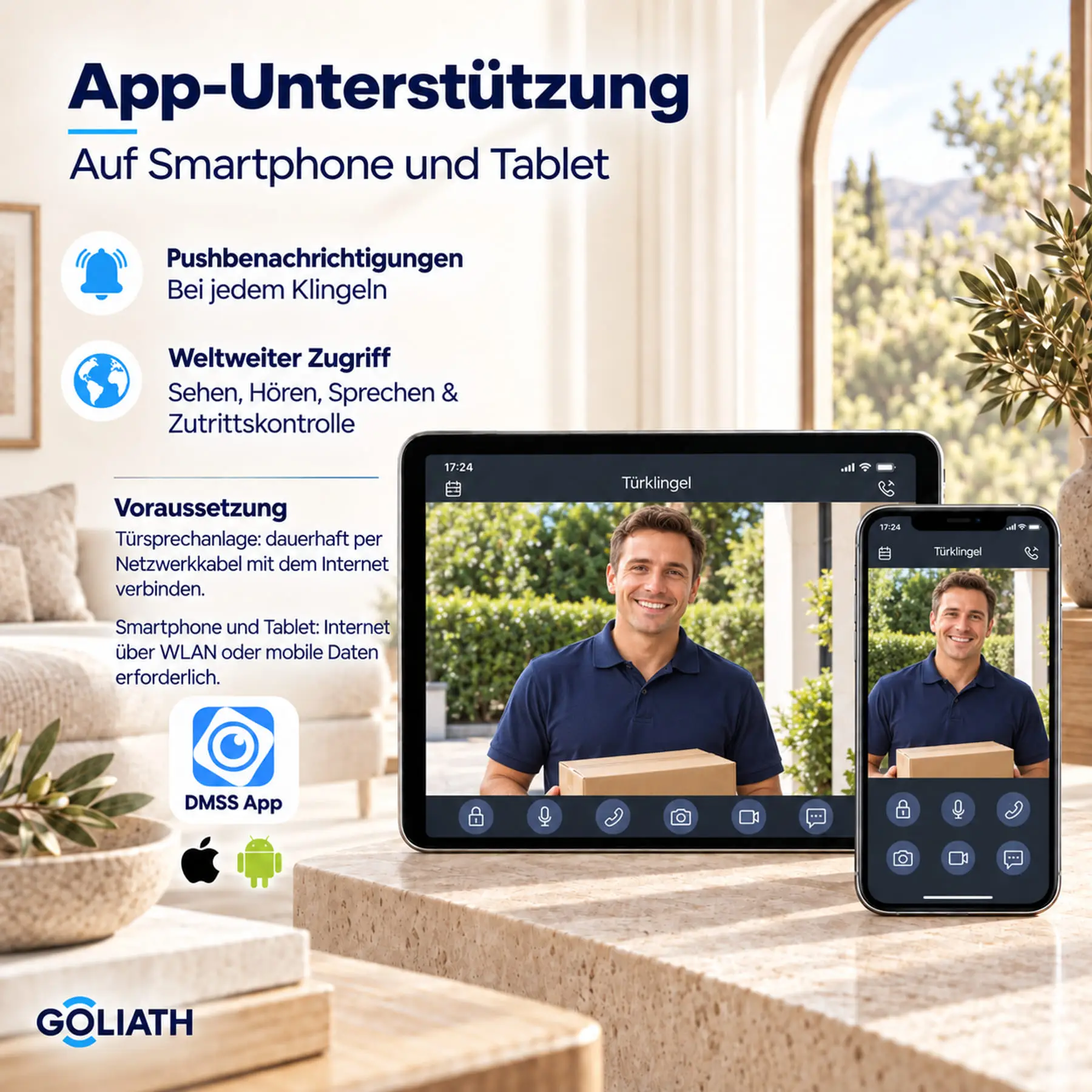 DMSS-App auf Smartphone und Tablet: Besucher sehen, mit ihnen sprechen und die Tür öffnen. Anlage und Mobilgerät benötigen Internetzugang.