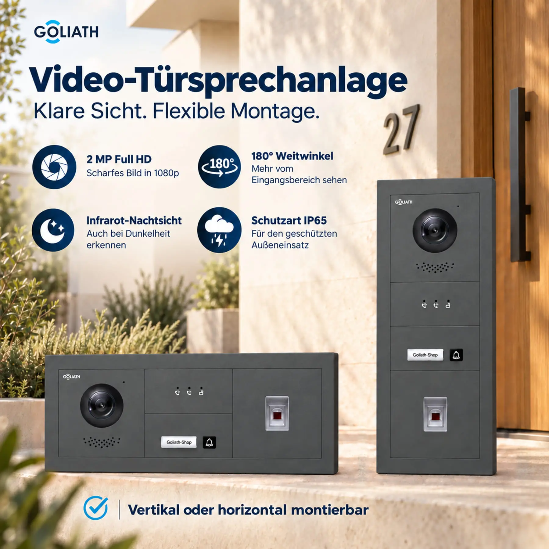 Goliath Premium-Line-Außenstation in Anthrazit mit Kamera, 1 Klingeltaste, Fingerprint-Modul und Feedback-Anzeige. Senkrechte und waagerechte Anordnung auf Naturstein.