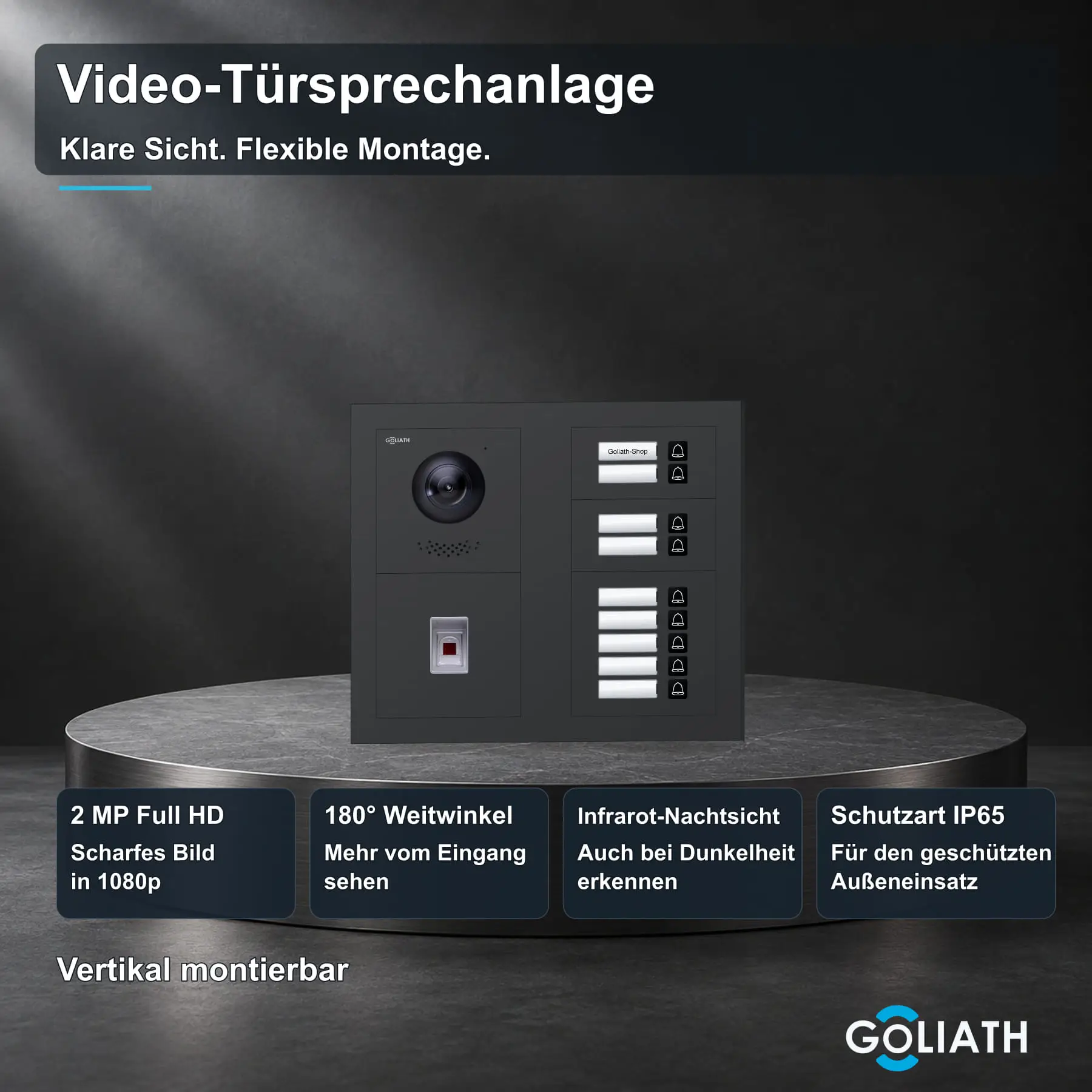 Goliath Premium-Line-Außenstation in Anthrazit mit Kamera, 9 Klingeltasten und Fingerprint-Modul. Zwei aufrechte Modulspalten nebeneinander auf Naturstein.
