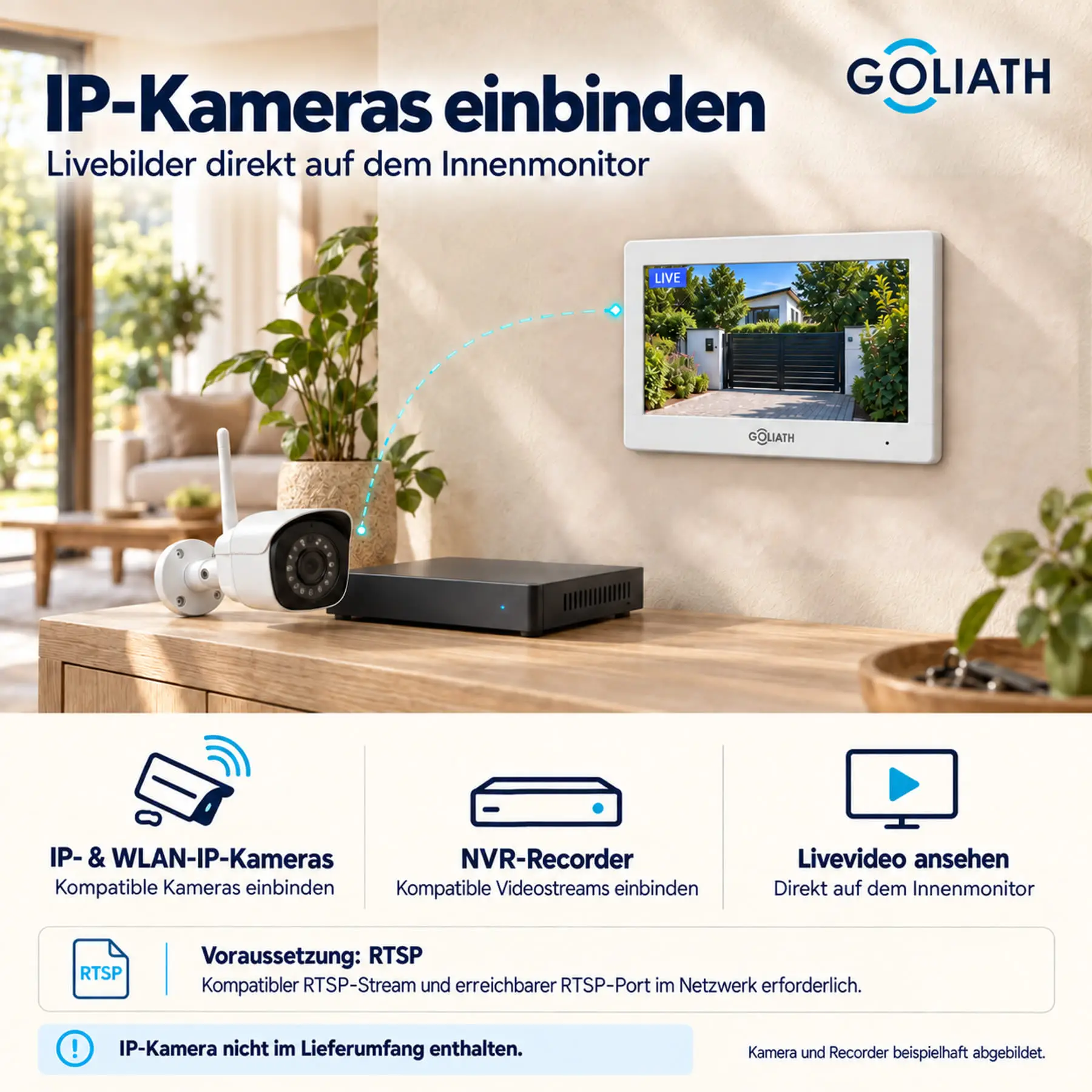 Wandmontierter Goliath Innenmonitor zeigt das Livebild einer Einfahrt. IP-Kamera und NVR sind Beispiele; kompatibler RTSP-Stream erforderlich, Kamera nicht im Lieferumfang.