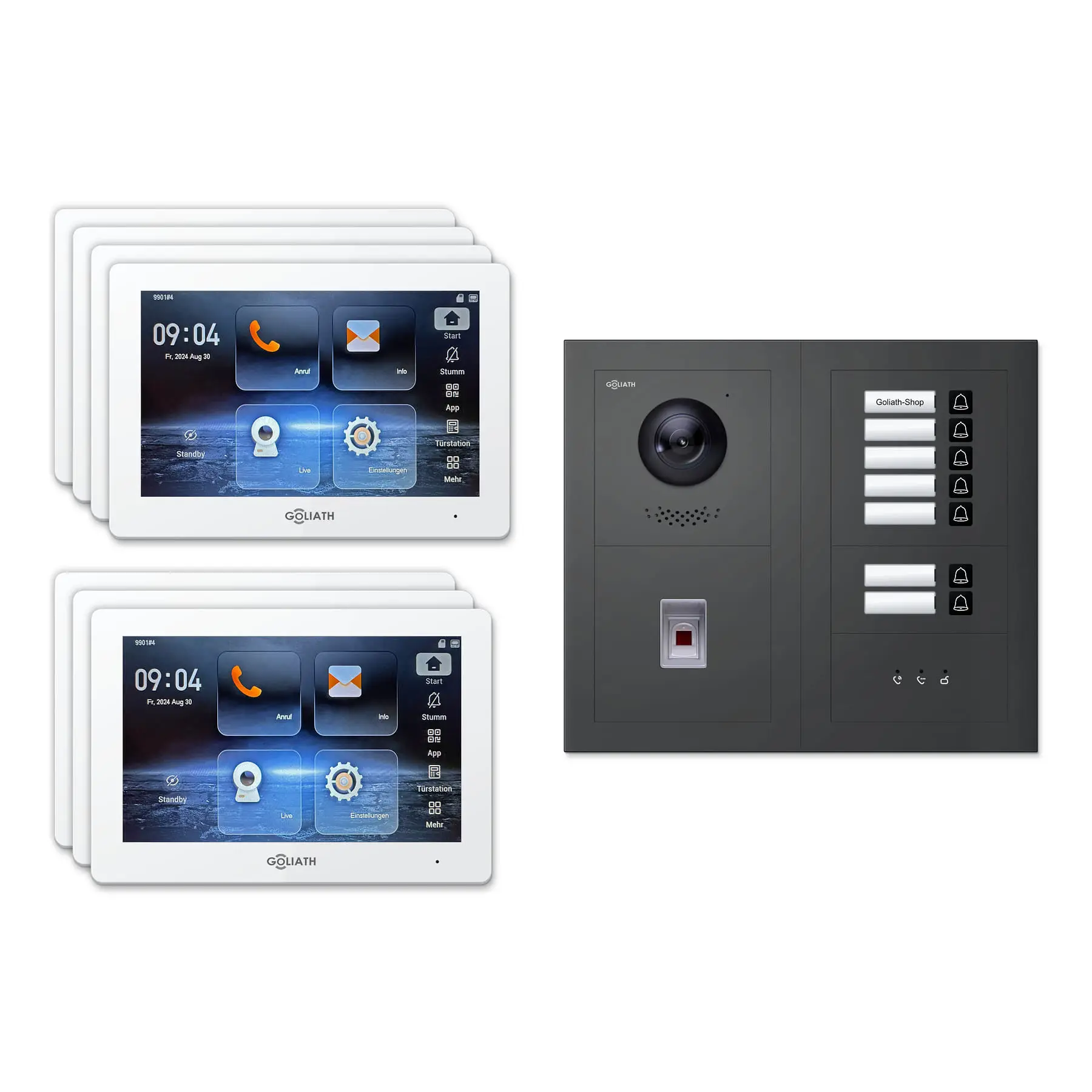 Goliath Türsprechanlage mit Kamera GL-HB750A für 7-Familienhaus: 7 Monitore mit 7 Zoll in Weiß, Außenstation in Anthrazit mit 7 Klingeltasten sowie Statusanzeige, Fingerprint. Set für Unterputzmontage.