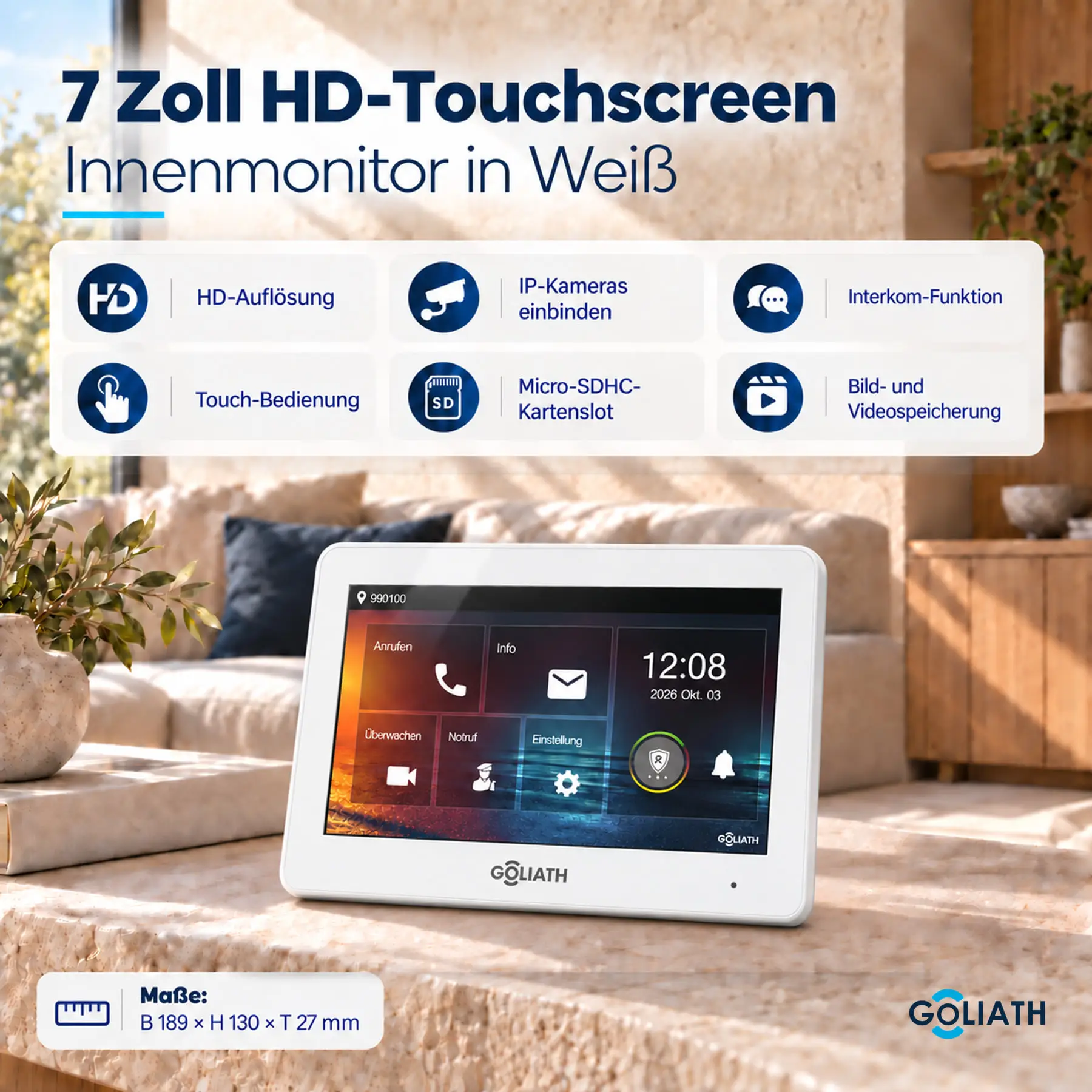 Weißer Goliath 7-Zoll-Touchmonitor mit Interkom, Bild- und Videospeicherung und Micro-SDHC-Kartenslot; Maße 189 × 130 × 27 mm.