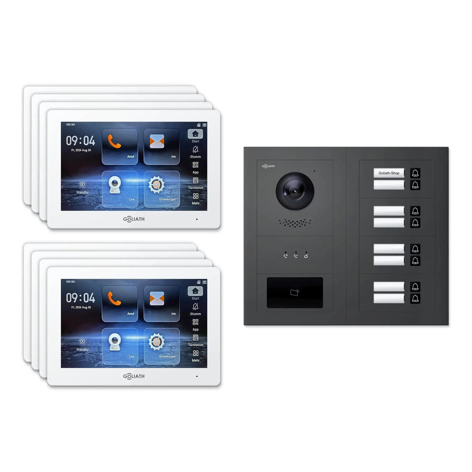 Goliath Video Türsprechanlage GL-IPH815A für 8-Familienhaus: 8 Monitore mit 7 Zoll in Weiß, Außenstation in Anthrazit mit 8 Klingeltasten sowie Statusanzeige, RFID. Set für Unterputzmontage.