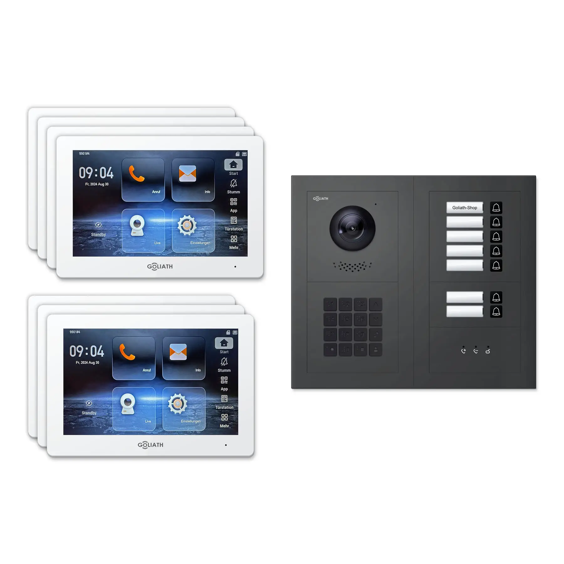 Goliath Türsprechanlage mit Kamera GL-HB730A für 7-Familienhaus: 7 Monitore mit 7 Zoll in Weiß, Außenstation in Anthrazit mit 7 Klingeltasten sowie Statusanzeige, Zahlencode. Set für Unterputzmontage.