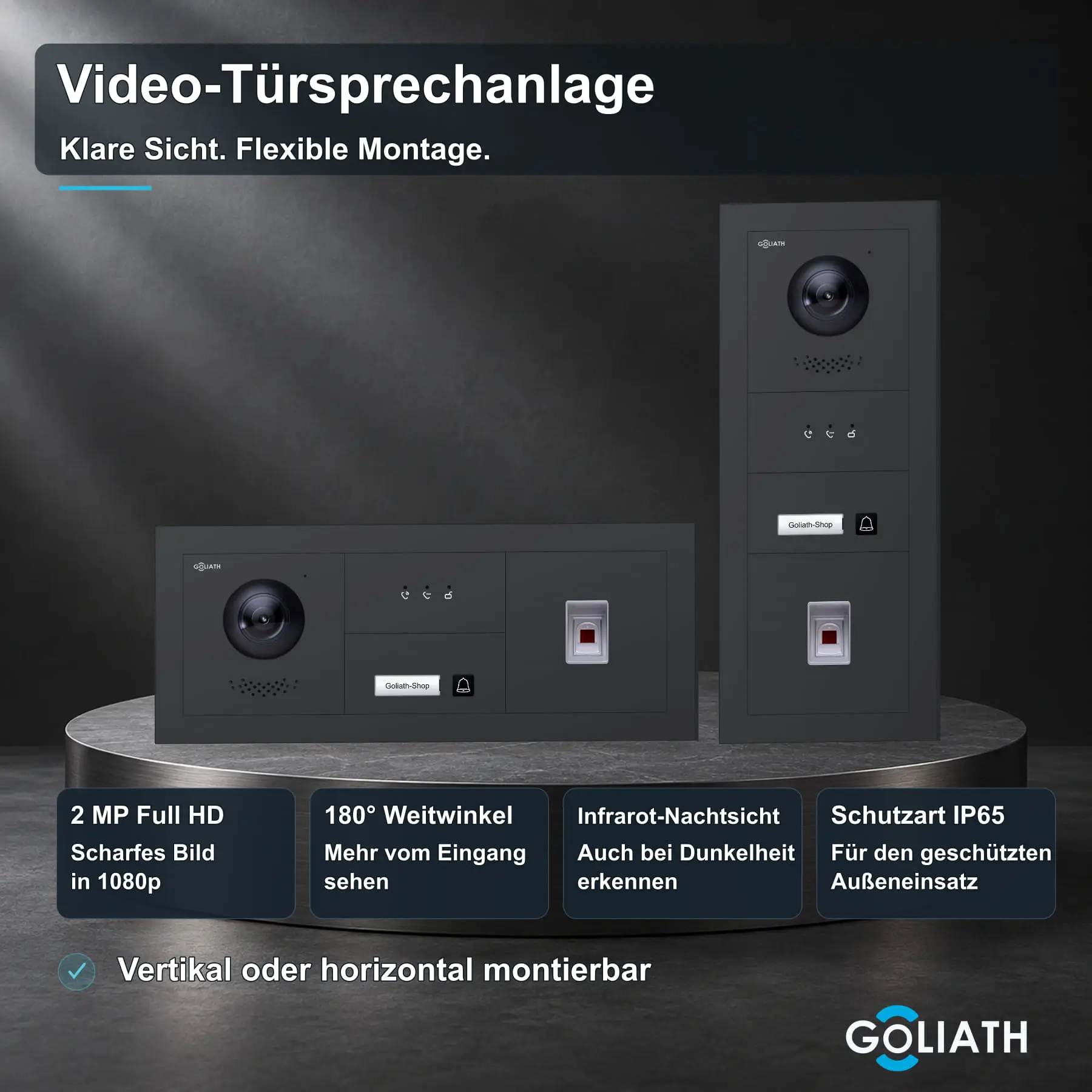Goliath Premium-Line-Außenstation in Anthrazit mit Kamera, 1 Klingeltaste, Fingerprint-Modul und Feedback-Anzeige. Senkrechte und waagerechte Anordnung auf Naturstein.