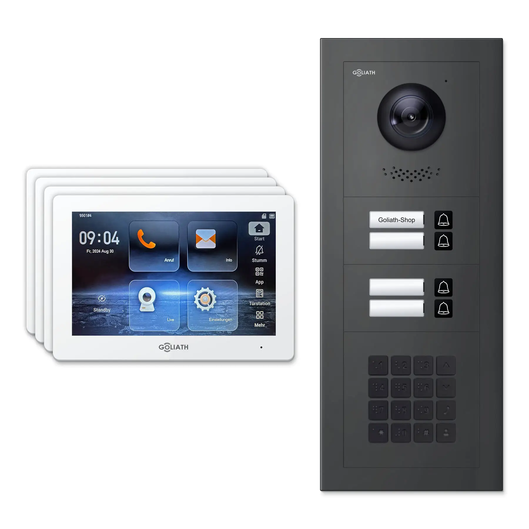 Goliath Türsprechanlage mit Kamera GL-HB420A für 4-Familienhaus: 4 Monitore mit 7 Zoll in Weiß, Außenstation in Anthrazit mit 4 Klingeltasten sowie Zahlencode. Set für Unterputzmontage.