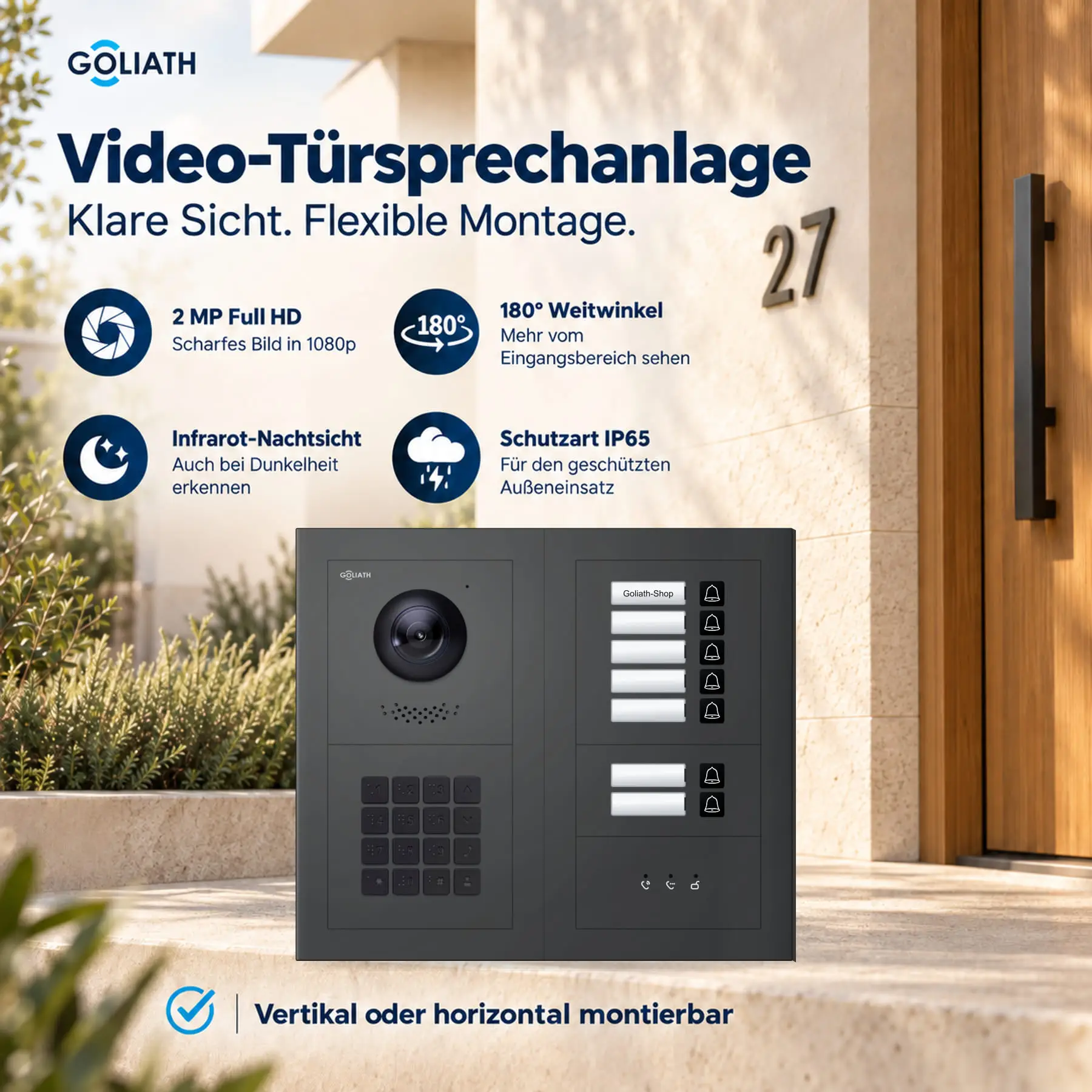 Goliath Premium-Line-Außenstation in Anthrazit mit Kamera, 7 Klingeltasten, Zahlencode-Tastatur und Feedback-Anzeige. Zwei aufrechte Modulspalten nebeneinander auf Naturstein.