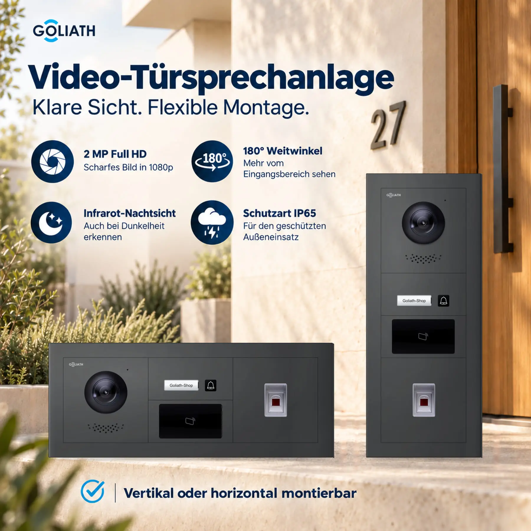 Goliath Premium-Line-Außenstation in Anthrazit mit Kamera, 1 Klingeltaste, Fingerprint-Modul und RFID-Leser. Senkrechte und waagerechte Anordnung auf Naturstein.
