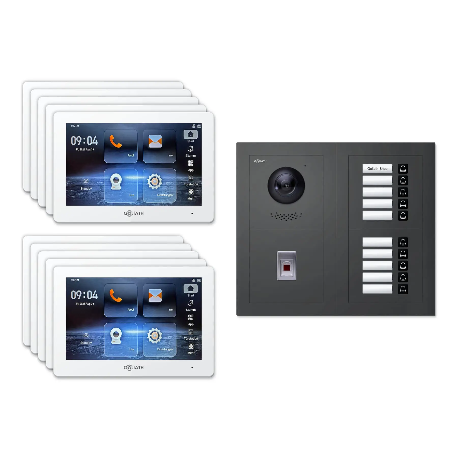 Goliath Video Türsprechanlage GL-IPH1035A für 10-Familienhaus: 10 Monitore mit 7 Zoll in Weiß, Außenstation in Anthrazit mit 10 Klingeltasten sowie Fingerprint. Set für Unterputzmontage.