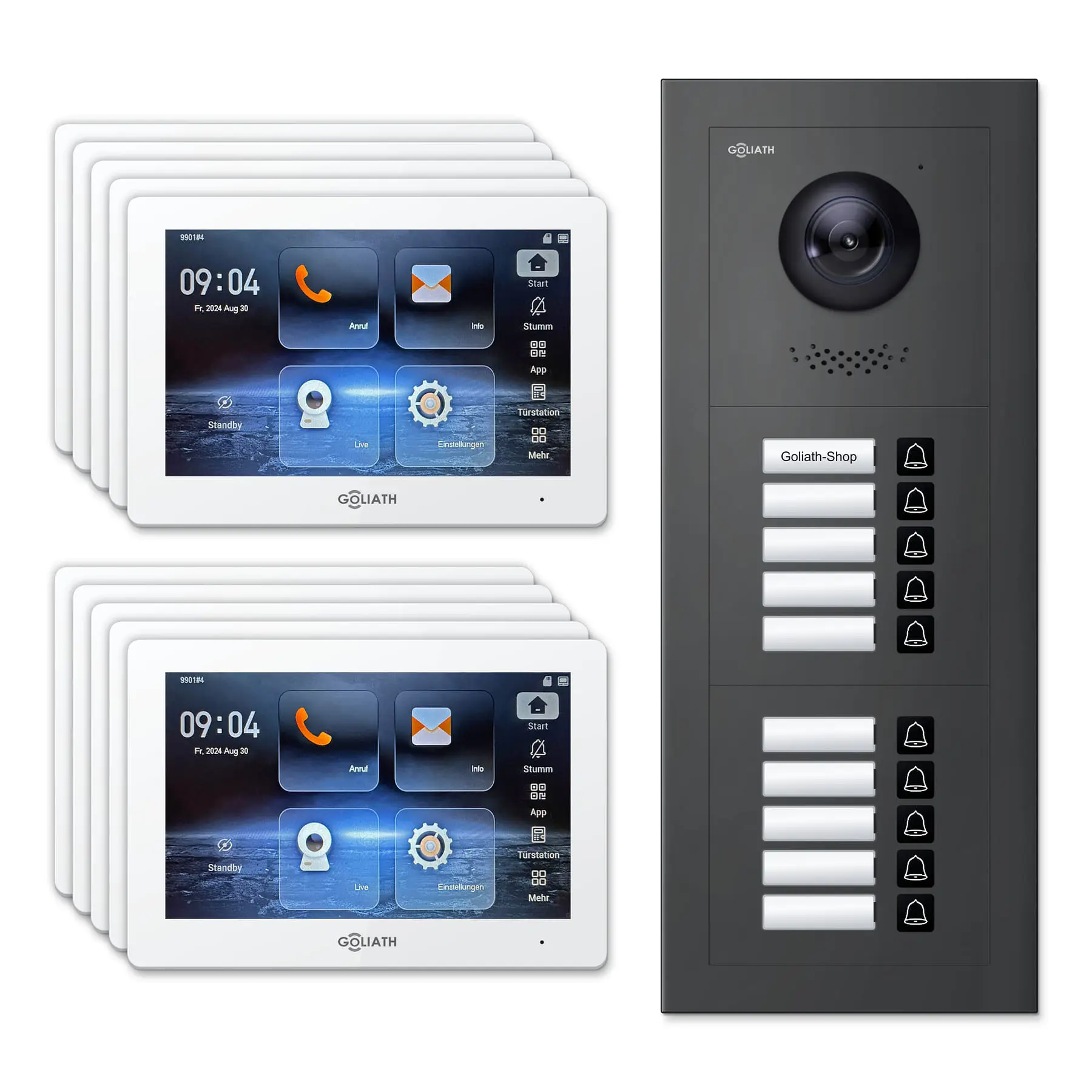 Goliath Türsprechanlage mit Kamera GL-HB1000A für 10-Familienhaus: 10 Monitore mit 7 Zoll in Weiß, Außenstation in Anthrazit mit 10 Klingeltasten. Set für Unterputzmontage.