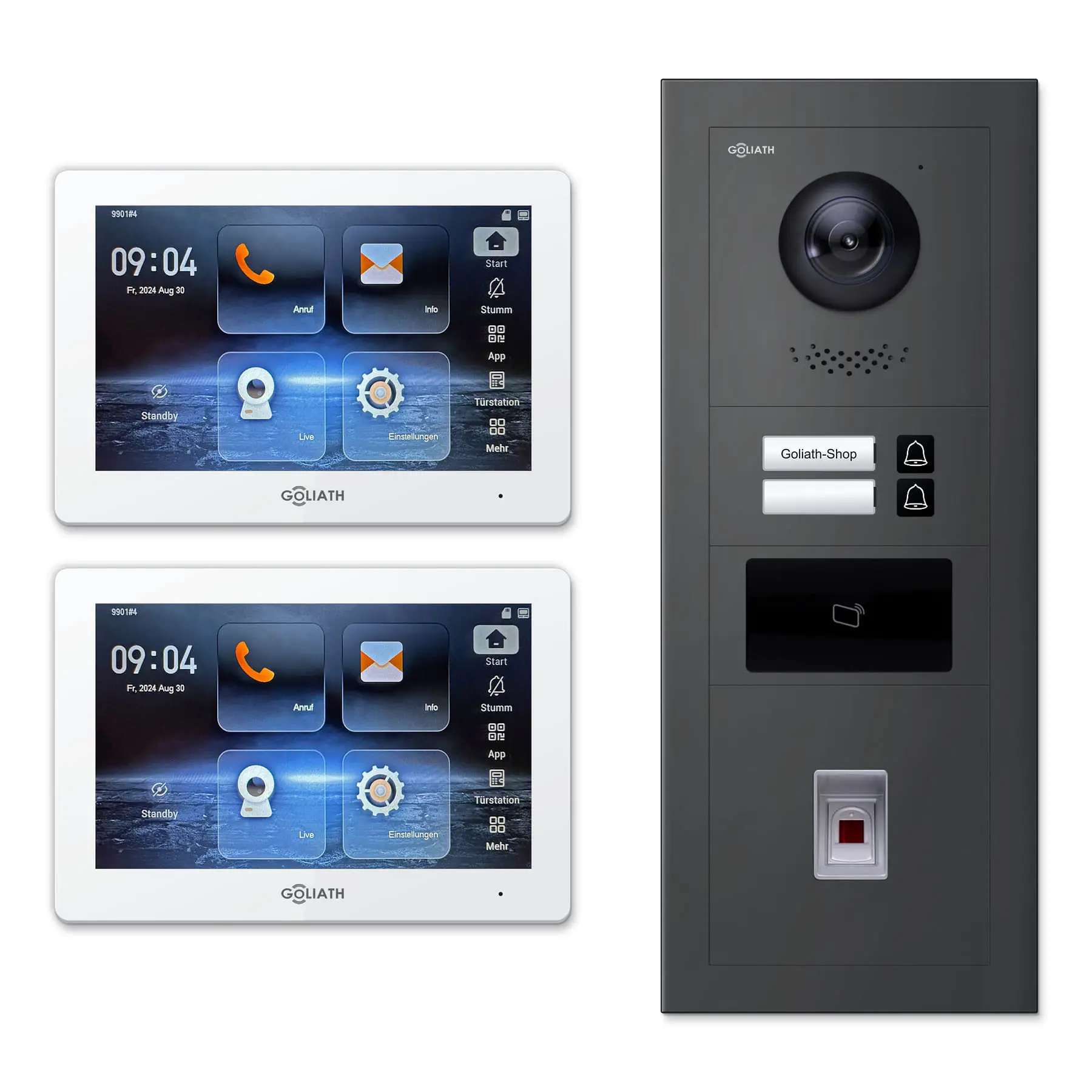 Goliath Video Türsprechanlage GL-IPH245A für 2-Familienhaus: 2 Monitore mit 7 Zoll in Weiß, Außenstation in Anthrazit mit 2 Klingeltasten sowie RFID, Fingerprint. Set für Unterputzmontage.