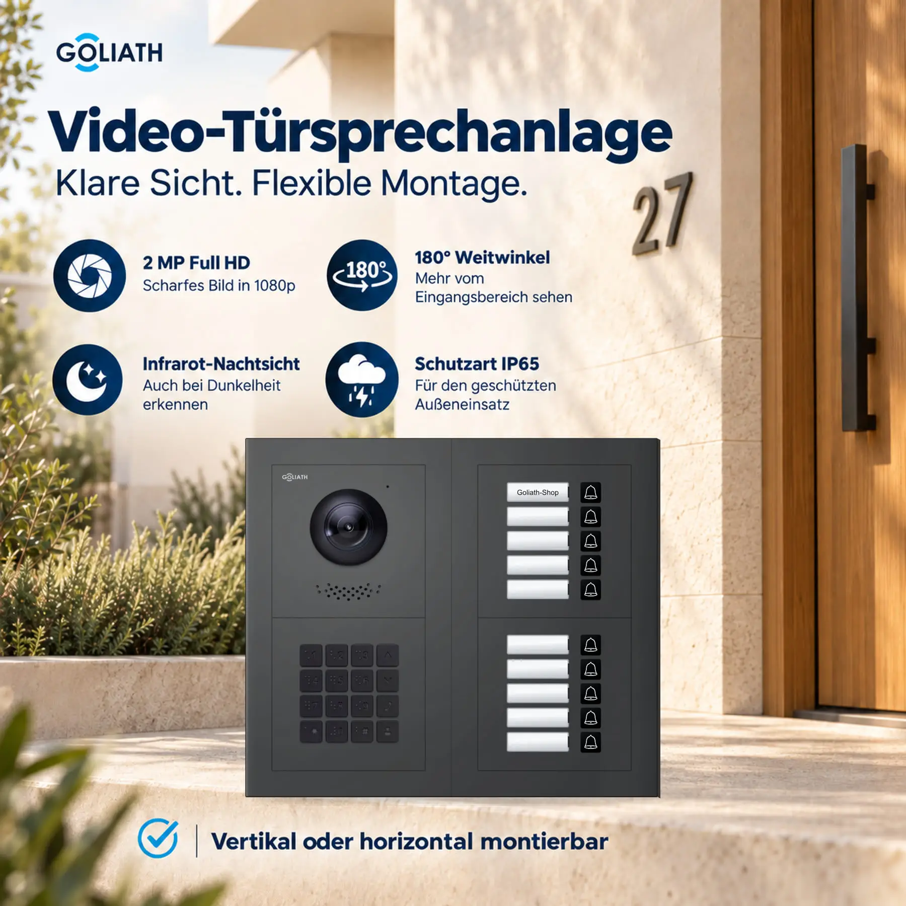 Goliath Premium-Line-Außenstation in Anthrazit mit Kamera, 10 Klingeltasten und Zahlencode-Tastatur. Zwei aufrechte Modulspalten nebeneinander auf Naturstein.