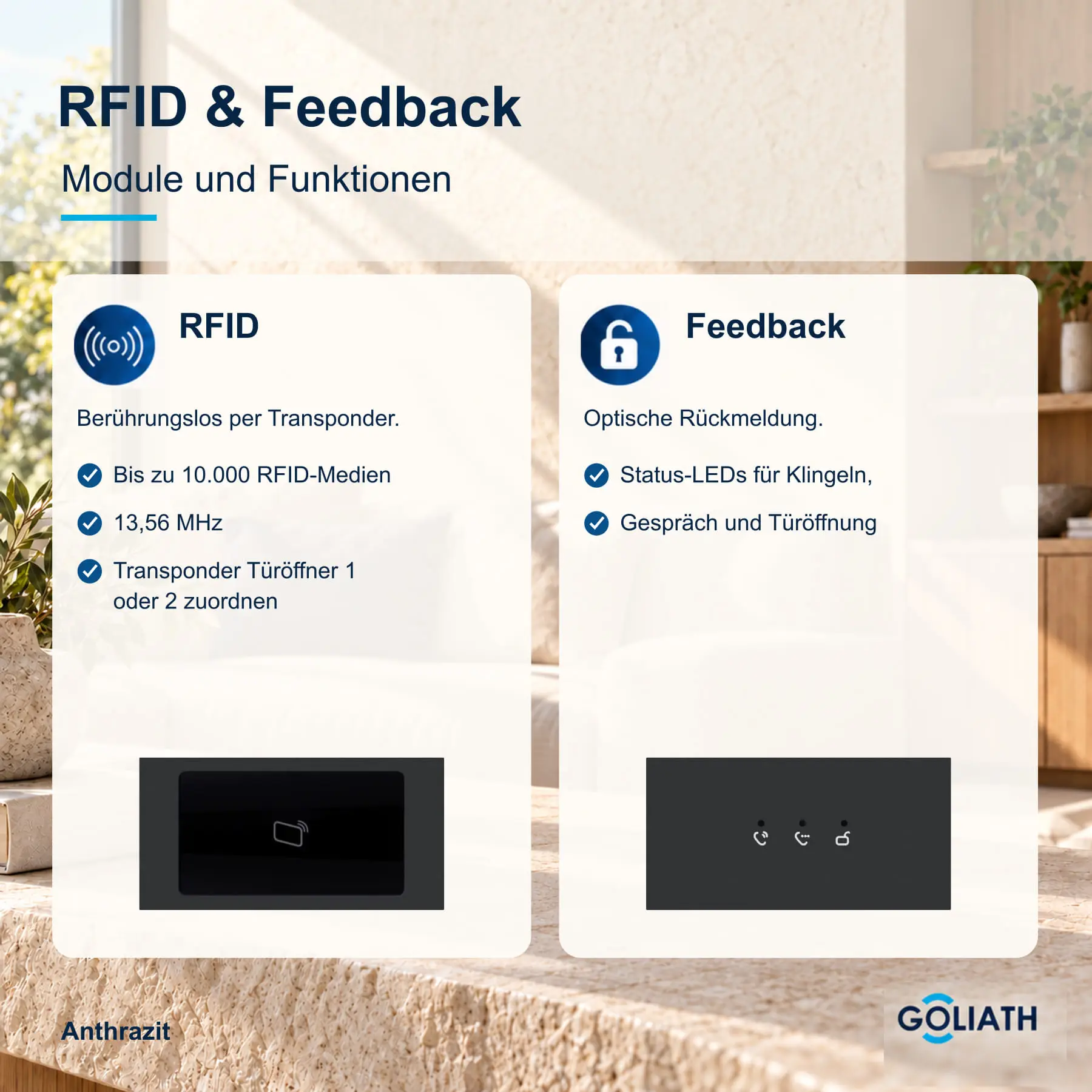 RFID-Leser und Feedback-Anzeige für die Goliath Türsprechanlage in Anthrazit: berührungslose Türöffnung per Transponder und optische Rückmeldung zu Klingeln, Gespräch und Türöffnung.